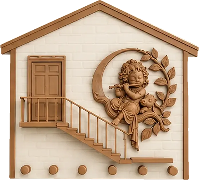 Krishna Balcony Key Holder, front view: house-shaped frame with door, balcony, staircase, Bal Krishna and six pegs