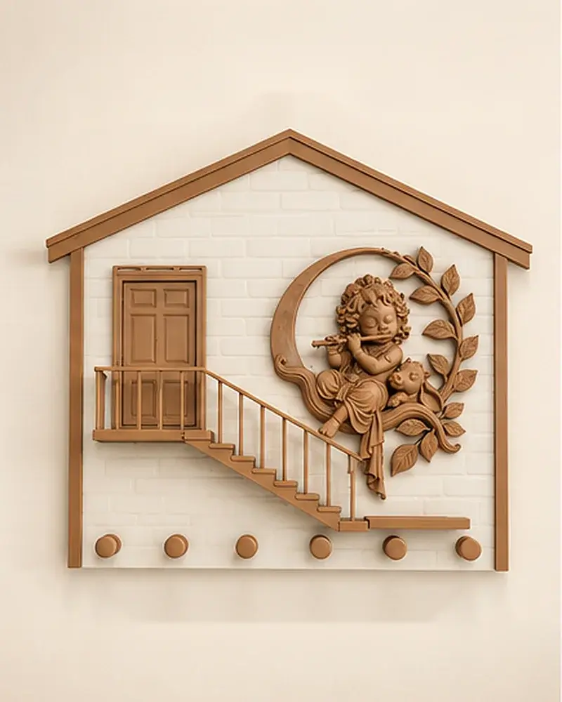 Krishna Balcony Key Holder, front view: house-shaped frame with door, balcony, staircase, Bal Krishna and six pegs